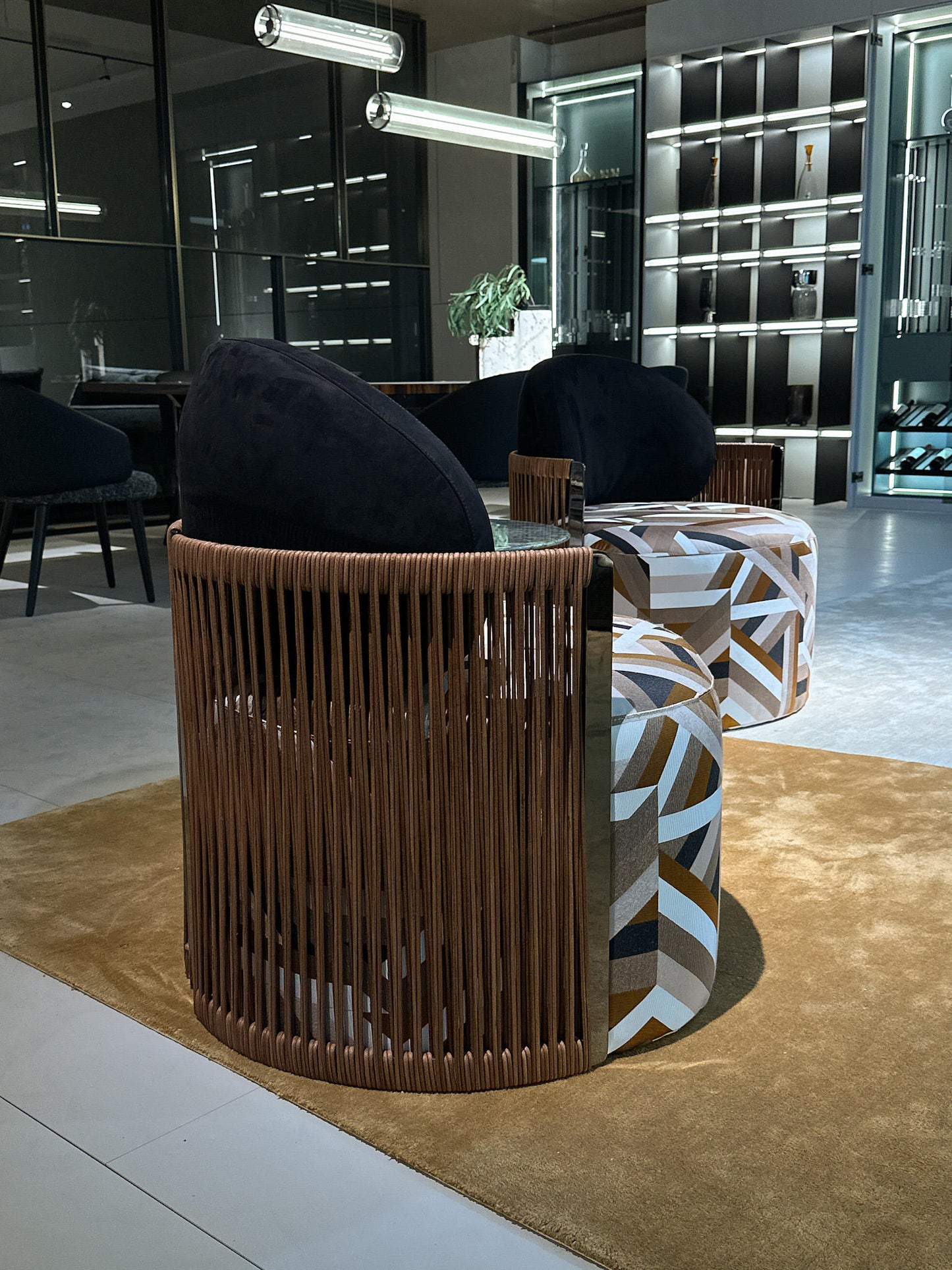 Black Velvet Accent Chair with Geometric Fabric Seat and Wood Arms