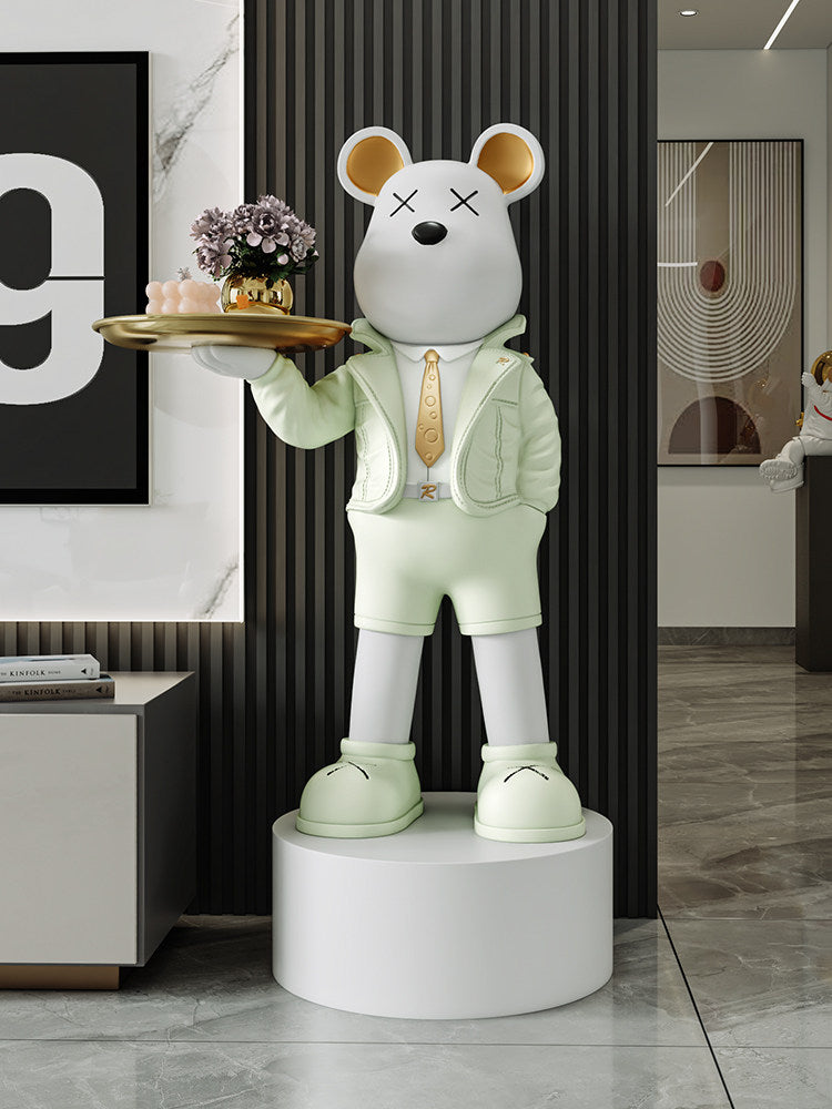 Modern Mouse Butler Statue with Serving Tray, Large Freestanding Decorative Figure for Living Room, Entryway, Office, Bedroom and TV Console, Mint Green