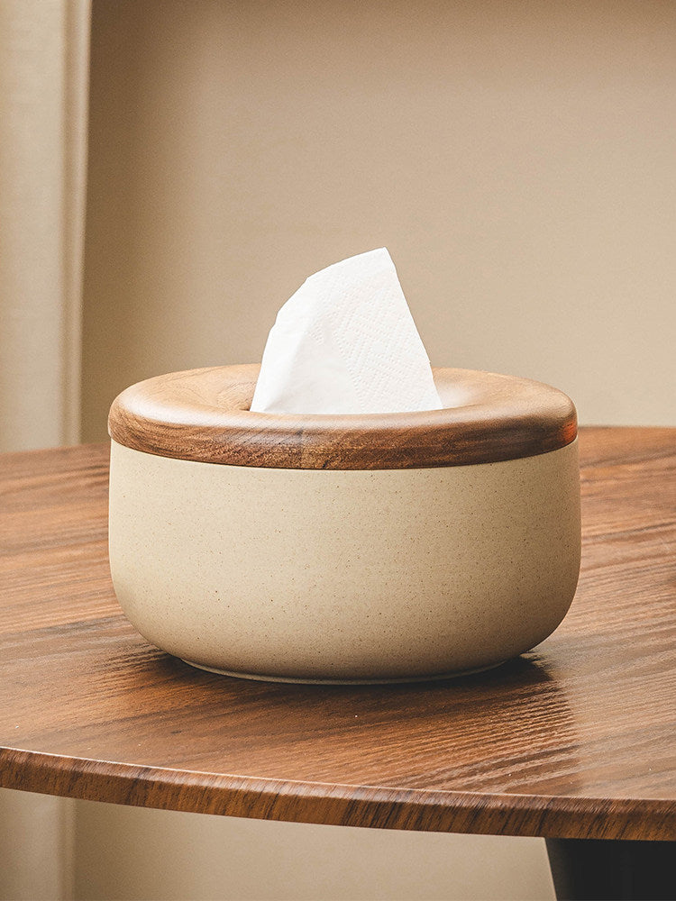Ceramic Tissue Box with Walnut Wood Lid, Round Holder for Home Decor