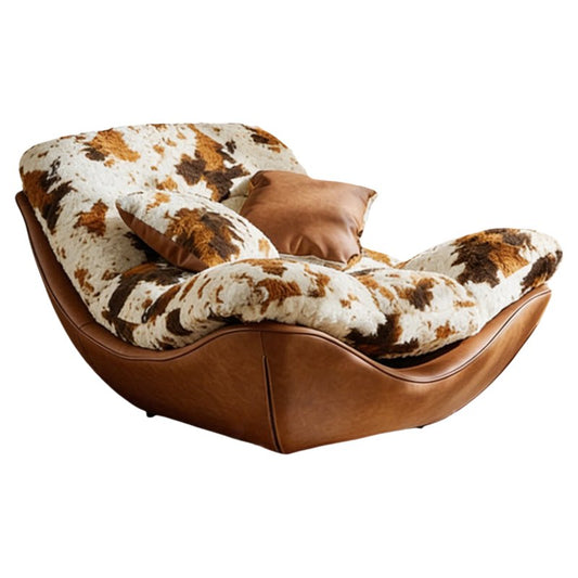 Cow Print Faux Fur Chaise Lounge Chair with Brown Leather-Look Base