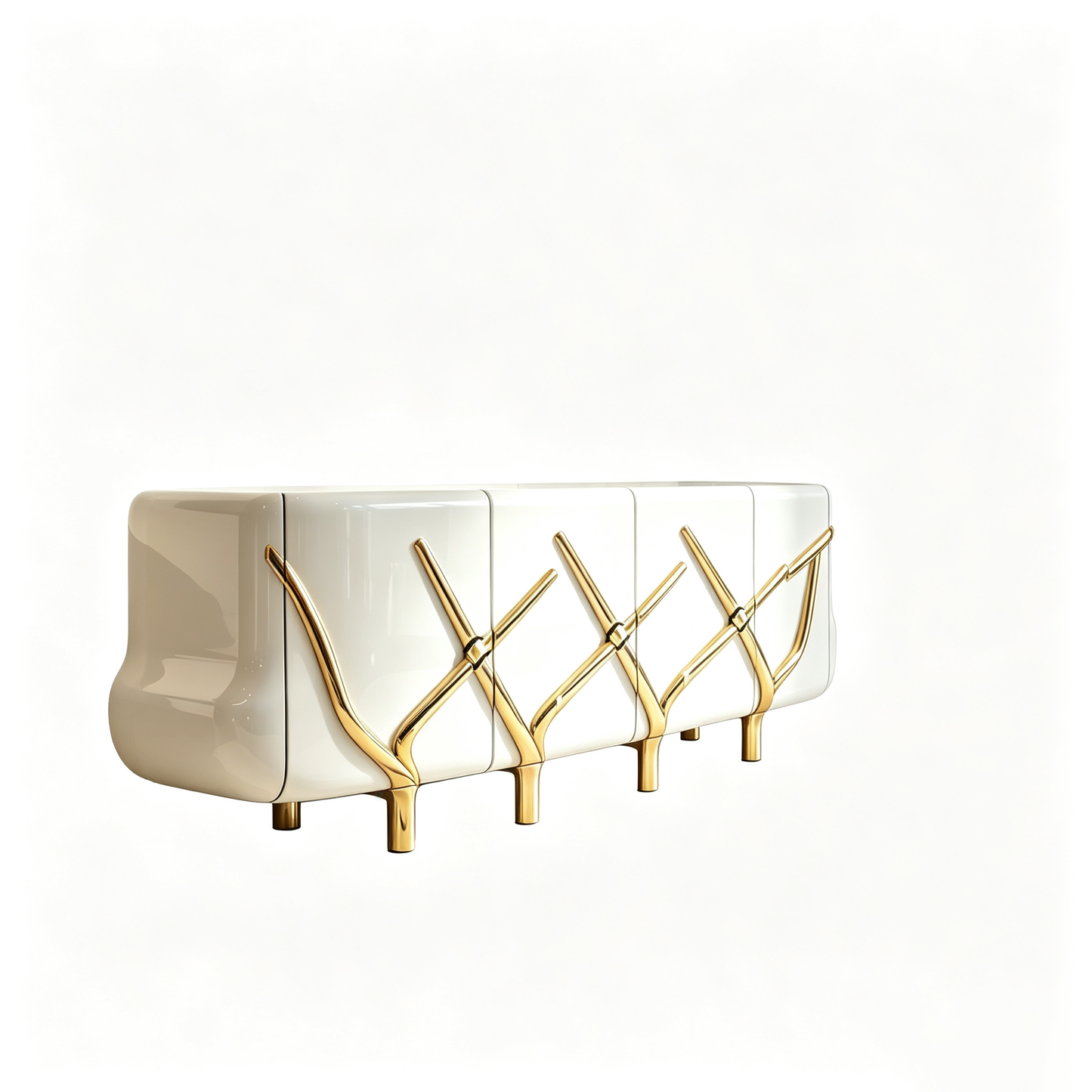 Glossy White and Gold Sideboard Cabinet, Modern Storage Credenza with Branch-Inspired Metal Accents, Luxury Buffet Cabinet for Dining Room, Living Room, Entryway, Hallway, Foyer