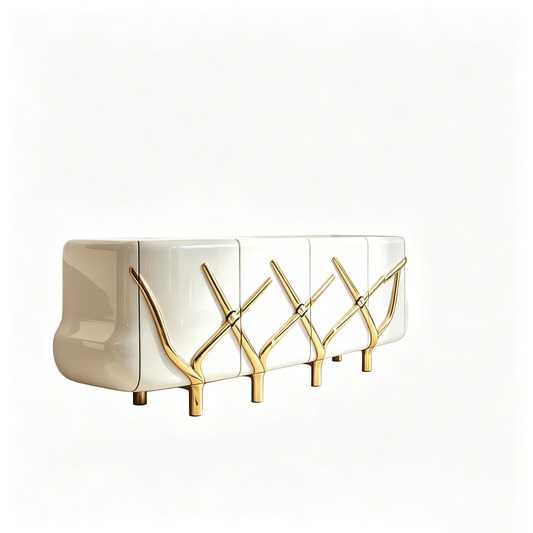 Glossy White and Gold Sideboard Cabinet, Modern Storage Credenza with Branch-Inspired Metal Accents, Luxury Buffet Cabinet for Dining Room, Living Room, Entryway, Hallway, Foyer