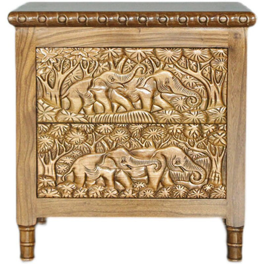 Hand-Carved Solid Elm Wood Nightstand with 2 Drawers, Elephant Relief Bedside Table with Botanical Carving and Natural Wood Finish for Bedroom or Living Room