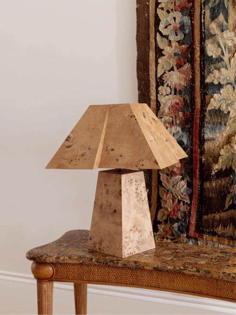 Burl Wood Veneer Table Lamp, Geometric Art Deco Bedside Lamp with Matching Wood Shade, Natural Wood Accent Lamp for Bedroom Living Room Study Hotel Villa Decor