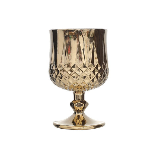 Gold Vintage Goblet, 7.4 oz Short Stemmed Wine Glass, Gold Tone Diamond Pattern Cocktail Glass, Classical Decorative Drinkware Cup for Wine, Liqueur, Champagne, Juice and Parties, Set of 1