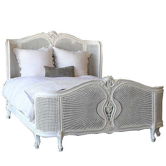 French Country Solid Wood Cane Bed Frame, Antique White Hand Carved Rattan Panel Bed with High Headboard and Footboard, Vintage Farmhouse Platform Bed for Bedroom, 59 x 79 Inch Mattress Size