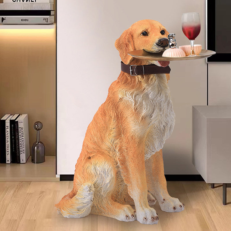 Golden Retriever Dog Statue Tray Holder, Large Resin Dog Floor Decor with Gold Round Tray, Entryway Key Bowl Stand for Living Room, Hallway, TV Cabinet and Housewarming Gift