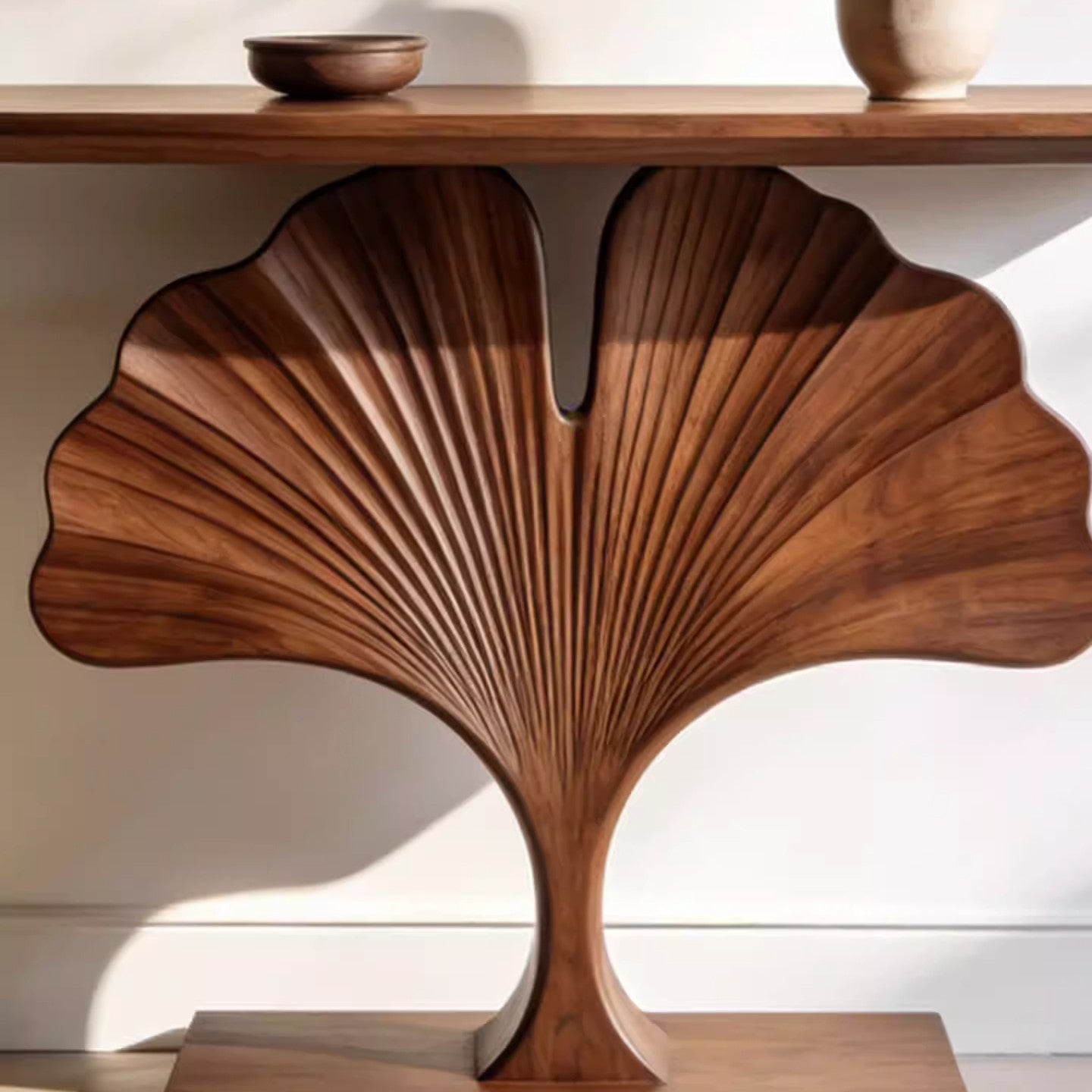 Solid Ash Wood Ginkgo Leaf Console Table, Walnut Finish