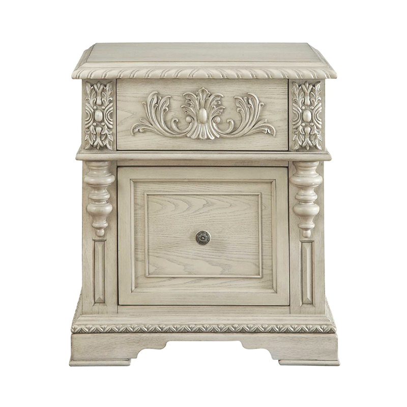 Antique Ivory Oak Nightstand with Hand-Carved Drawer and Cabinet Door, Rustic French Country Bedside Table, Solid Wood Storage Cabinet for Bedroom &amp; Living Room