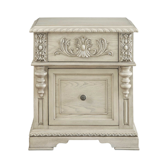 Antique Ivory Oak Nightstand with Hand-Carved Drawer and Cabinet Door, Rustic French Country Bedside Table, Solid Wood Storage Cabinet for Bedroom &amp; Living Room