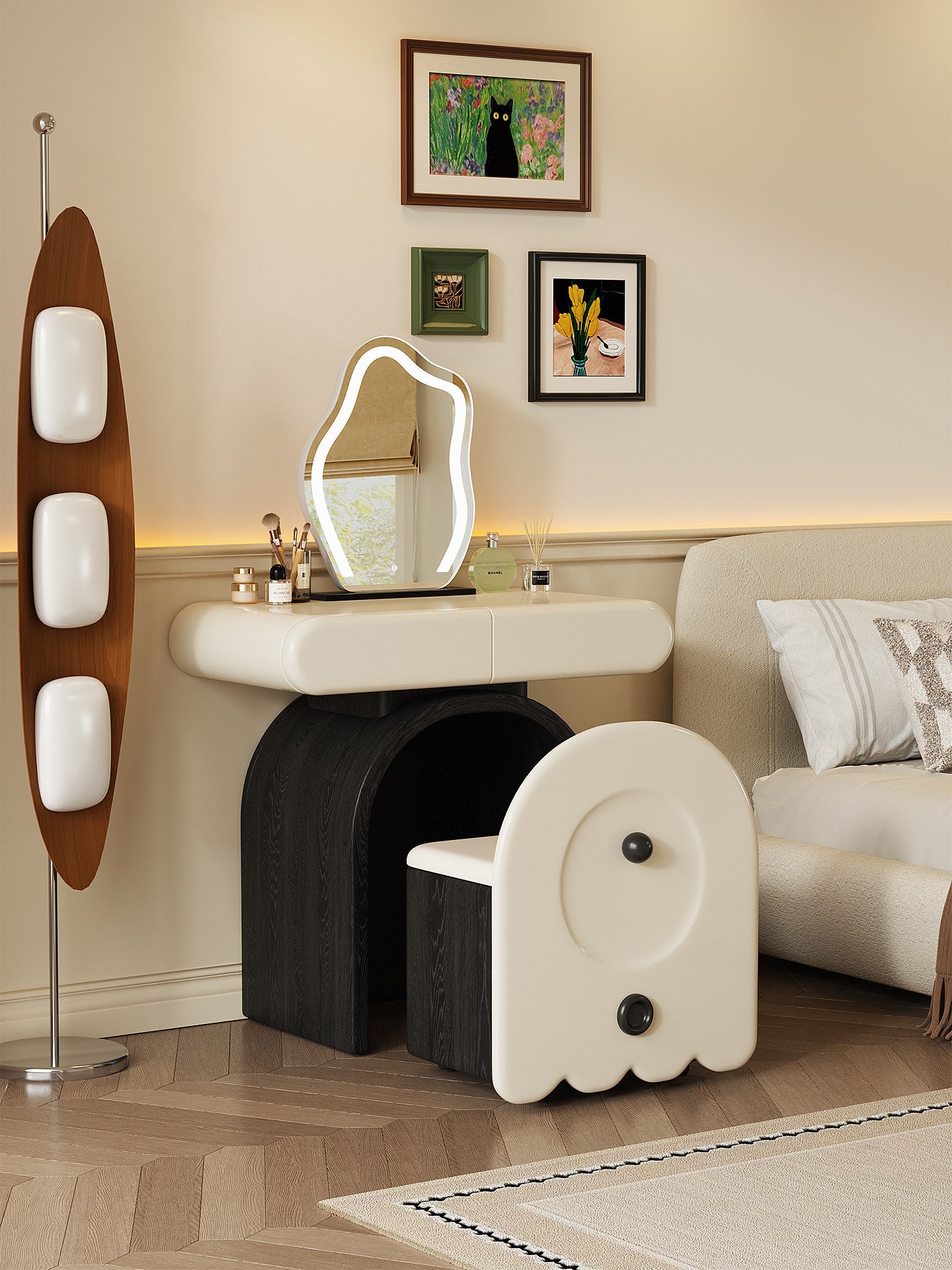 Cream White Vanity Table and Stool Set with Drawers, 31.5 In Wide