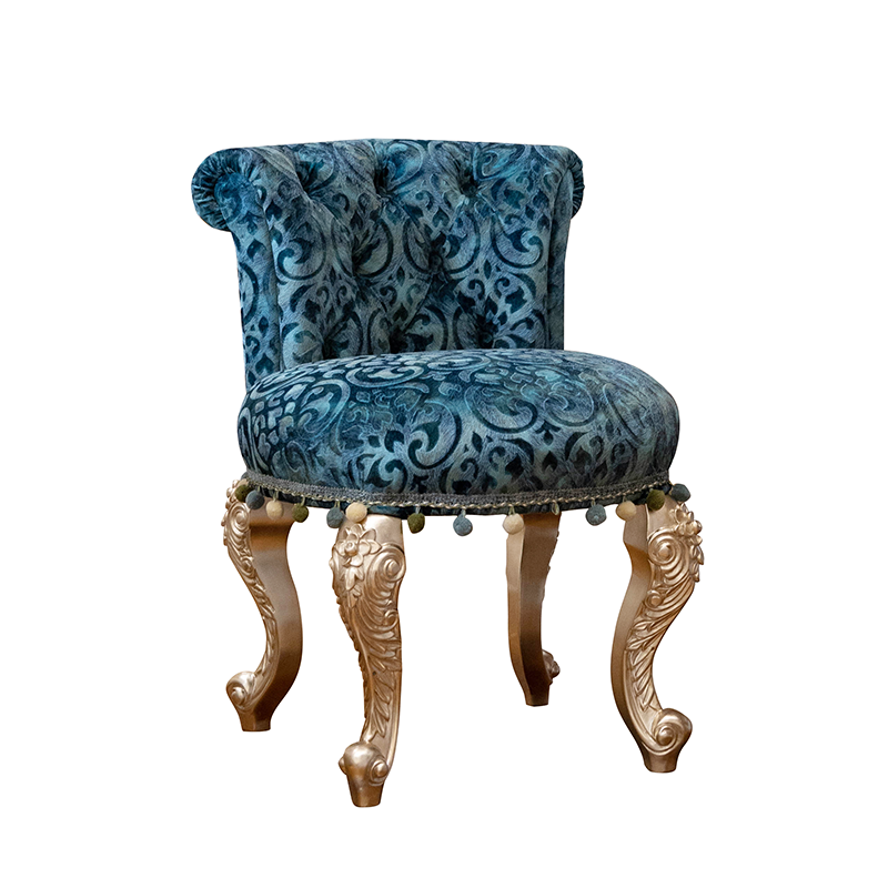 Blue Patterned Vanity Stool with Backrest, Upholstered Makeup Chair with Gold Tone Carved Legs, Decorative Bedroom Stool for Dressing Table, Living Room, Entryway, Closet, Lounge and Accent Seating