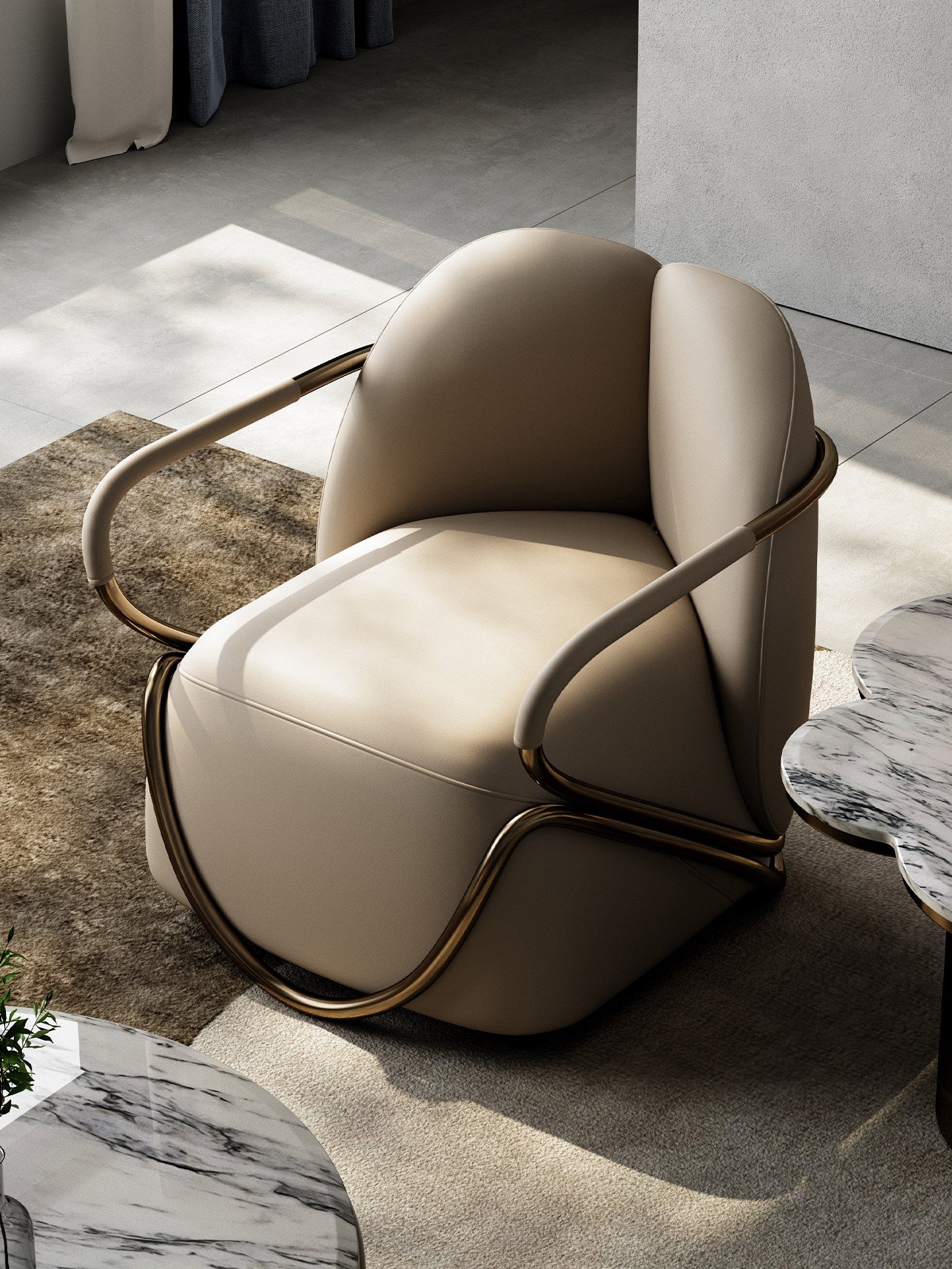 Beige Leather Accent Chair, Modern Lounge Chair with Bronze Metal Frame, Upholstered Single Sofa Chair with Curved Back and Arms for Living Room, Bedroom, Villa, Reading Corner