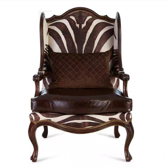 Brown Zebra Print High Back Accent Chair with Solid Wood Frame