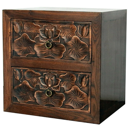 Hand-Carved Solid Wood Nightstand with 2 Drawers, Lotus Floral Bedside Table with Antique Ring Pulls, Dark Brown Accent Cabinet for Bedroom, Living Room or Guest Room