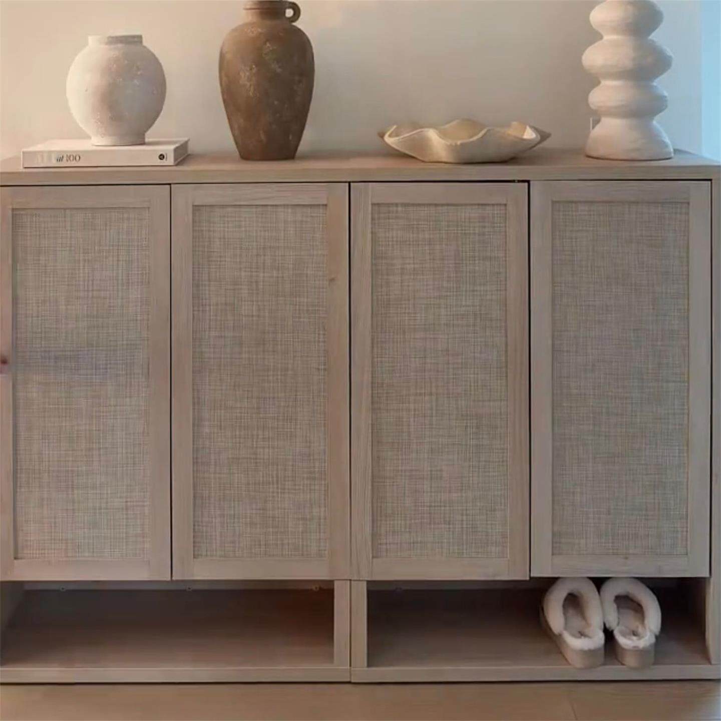 Natural Rattan Storage Cabinet, 31 Inch 2 Door Wood Sideboard with Woven Cane Panels and Open Bottom Shelf, Modern Entryway Cabinet for Living Room, Hallway, Bedroom, Dining Room