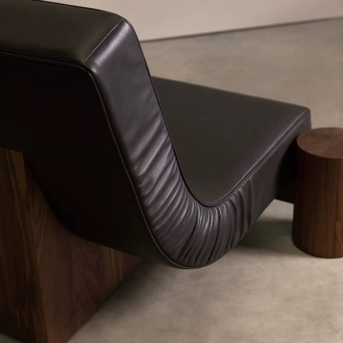 Black Leather Accent Chair, Modern Single Lounge Chair with Sculptural Wood Base, Mid-Century Reception Armchair for Living Room, Office, Bedroom and Lounge