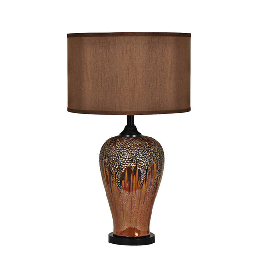 Vintage Honeycomb Ceramic Table Lamp with Brown Fabric Shade, Pearl Glaze Bedside Lamp with E27 Socket and Button Switch, Decorative Nightstand Lamp for Bedroom Living Room
