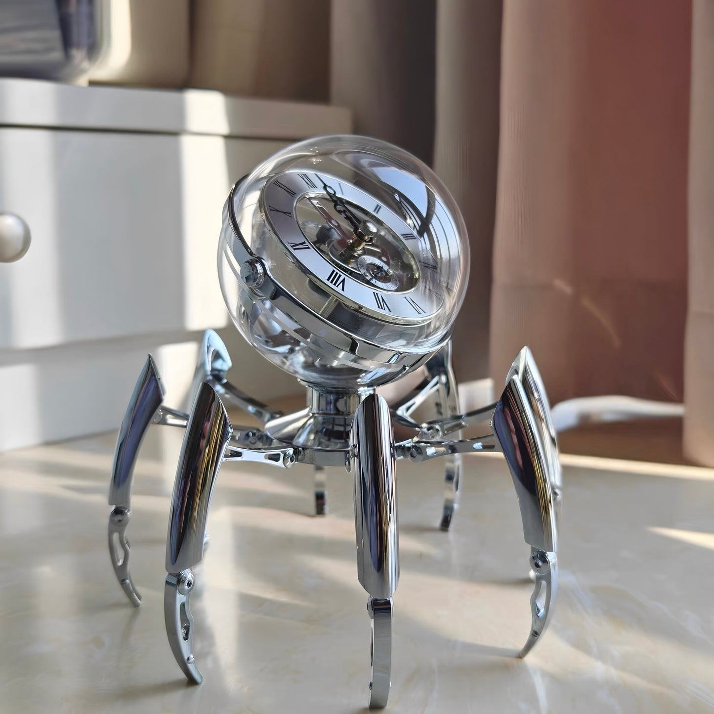 Modern Mechanical Table Clock 7.6 Inch, Silver Metal Skeleton Desk Clock