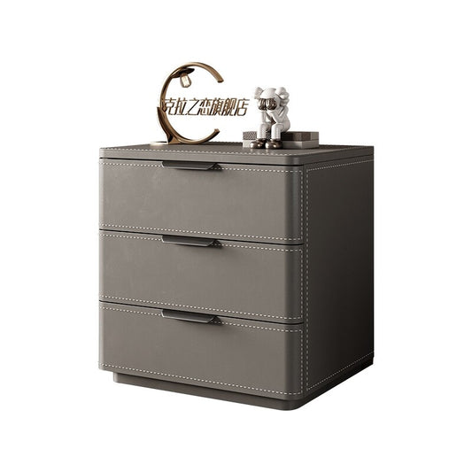 Modern 3 Drawer Nightstand with Sintered Stone Top, Gray Leather-Wrapped Bedside Table with Solid Wood Frame, Minimalist Storage Cabinet for Bedroom, Living Room and Small Spaces