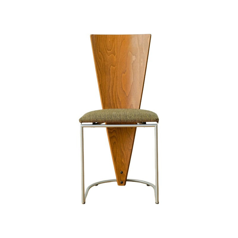 Vintage Inspired Dutch Design Dining Chair, High Back Wood Accent Chair with Green Upholstered Seat and Metal Frame, Mid Century Modern Side Chair for Dining Room, Café, Kitchen, Desk and Restaurant Seating