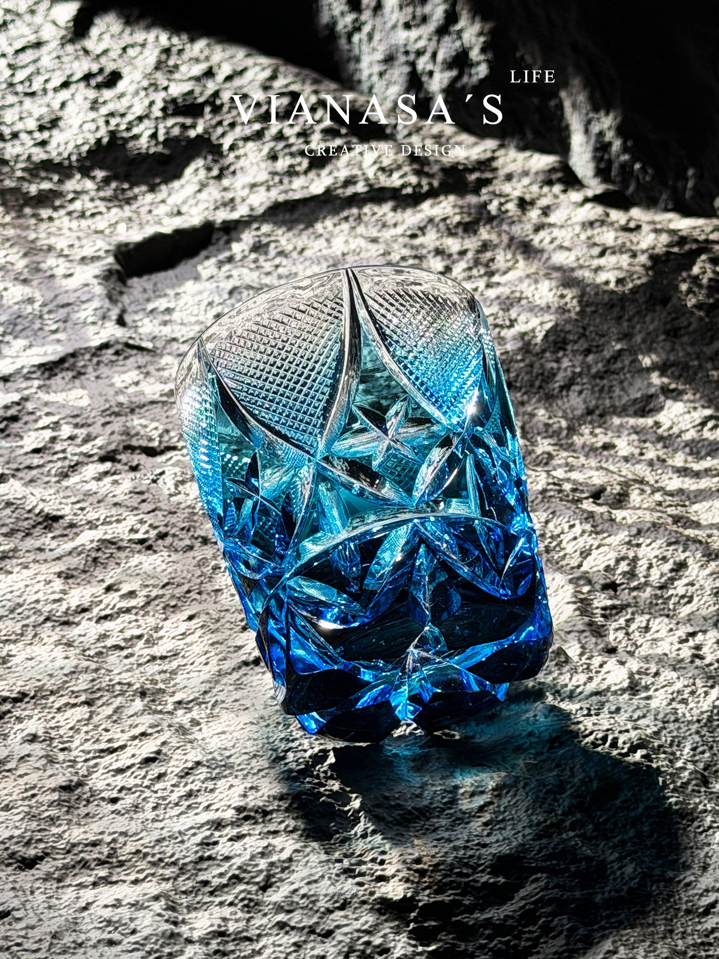 Blue Cut Crystal Whiskey Glass, 8.8 Oz Geometric Rocks Tumbler