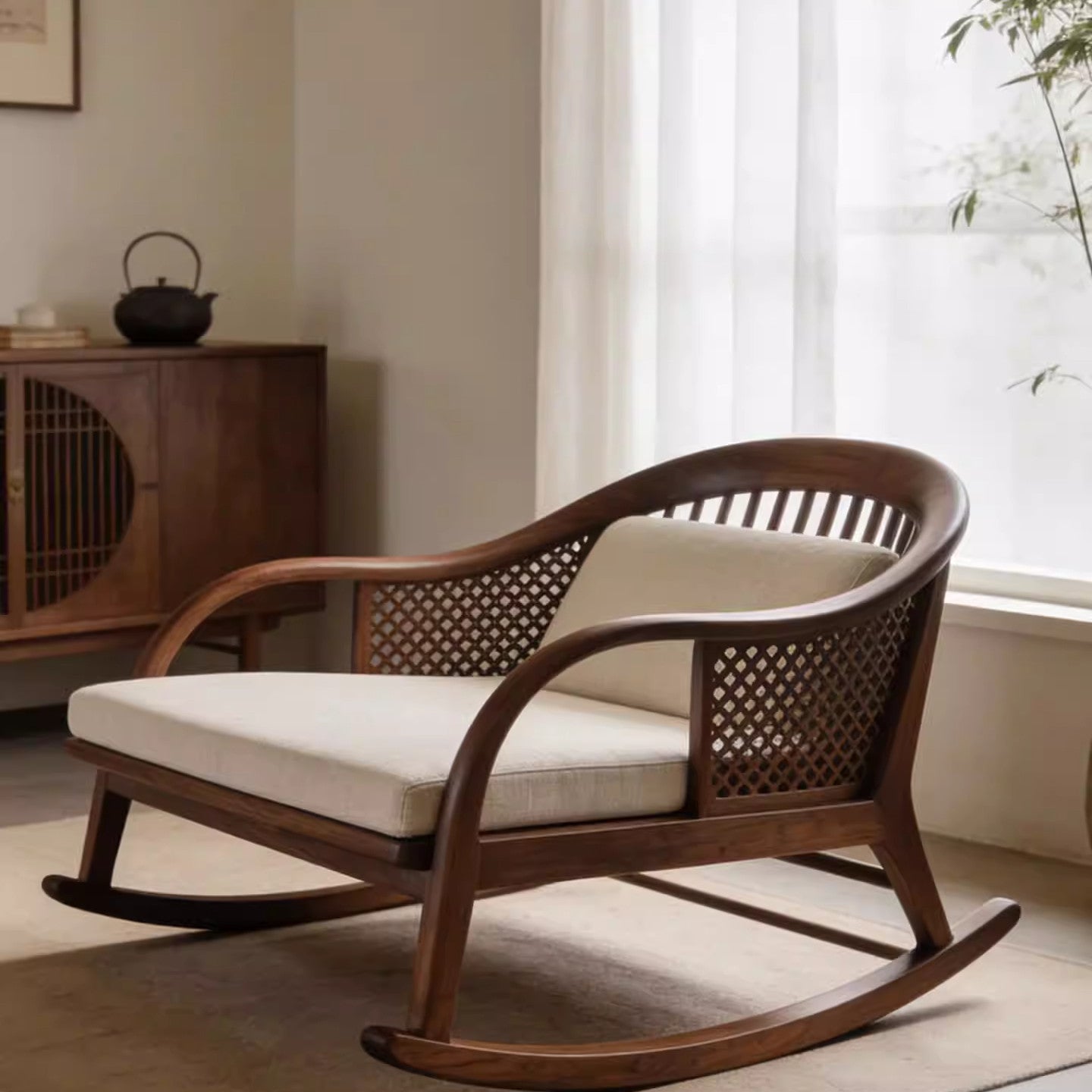 Solid Ash Wood Rocking Chair with Cushions, Walnut Finish