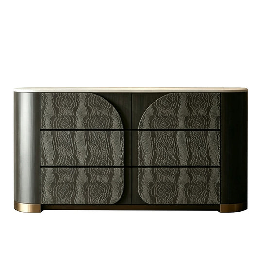 Modern Black Sideboard with 6 Drawers and Gold Accents, 55 Inch
