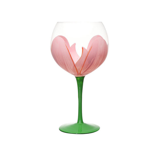Hand Painted Lotus Wine Glass, 22.3 oz Pink Flower Goblet with Green Stem, Vintage Style Crystal Wine Glass for Red Wine, Cocktails, Champagne, Juice, Parties and Gifts, Set of 1