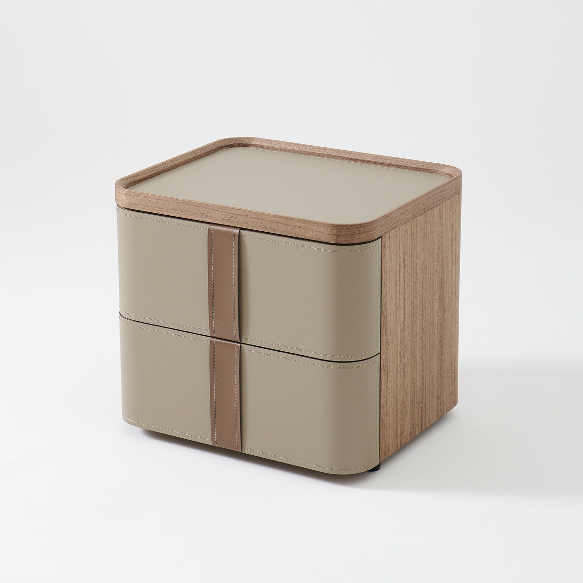 Modern Leather Wrapped Nightstand, 2 Drawer Bedside Table with Walnut Finish Top, Italian Style Minimalist Bedroom Storage Cabinet, Taupe End Table for Bedroom or Living Room