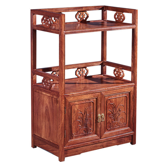 Tall Reddish Brown Solid Wood Tea Cabinet, 2-Door Buffet Sideboard with 2 Open Display Shelves, Carved Storage Cupboard for Dining Room, Living Room, Coffee Bar and Entryway