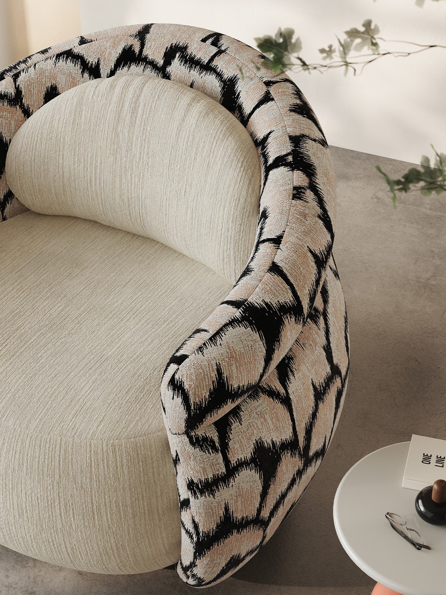 Modern Oversized Accent Chair, Upholstered Barrel Lounge Armchair with Jacquard Fabric, High-Density Foam Cushion and Wraparound Backrest for Living Room, Bedroom, Reading Nook and Office, Black and Cream