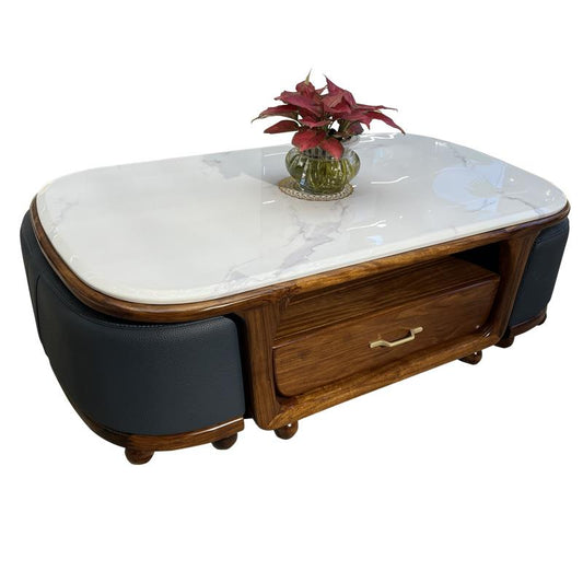 Wenge Wood Coffee Table with Marble Top, Drawer and 2 Stools