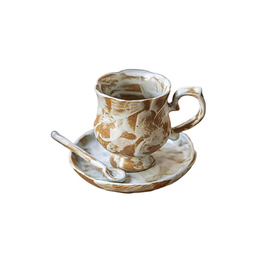 Vintage Stoneware Coffee Mug Set with Saucer and Spoon, 12 oz Rustic Ceramic Latte Cup for Espresso, Cappuccino, Tea, Hot Chocolate and Everyday Use