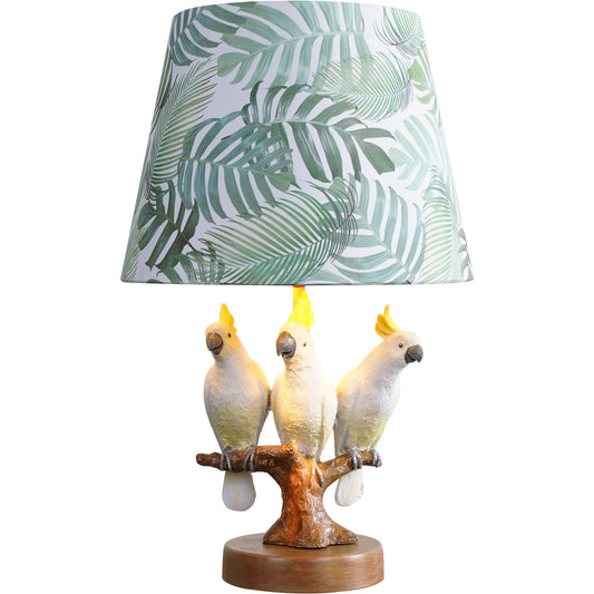 Tropical Bird Table Lamp, Cockatoo Parrot Bedside Lamp with Leaf Print Fabric Shade, Button Switch and Two-Pin Plug for Bedroom, Kids Room, Study, Nightstand and Hotel Decor
