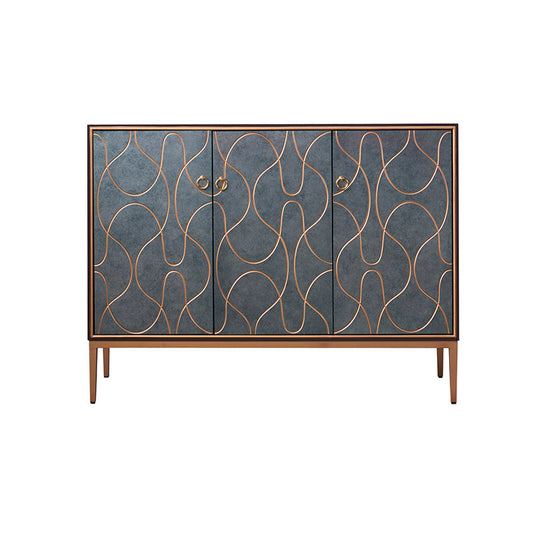 Modern 3-Door Accent Cabinet, Gray Sideboard with Abstract Gold Line Design, Ring Pulls and Tapered Legs, Entryway Shoe Storage Credenza for Living Room, Foyer or Dining Room