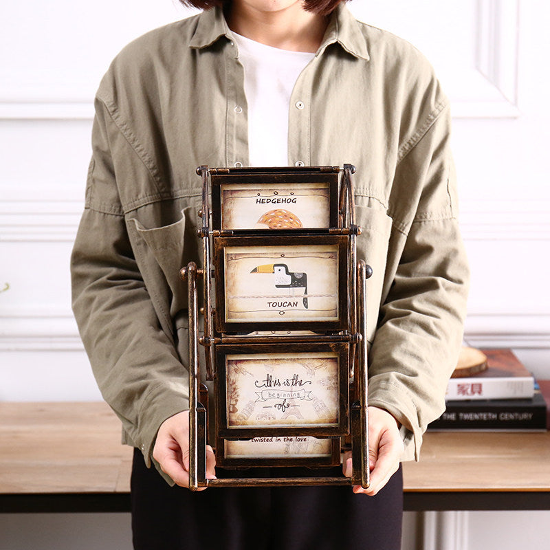 Antique Bronze Rotating Ferris Wheel Picture Frame, Tabletop Collage Photo Display with 6 Double-Sided 5 x 3.5 Inch Frames for Living Room, Bedroom, Office and Wedding Décor