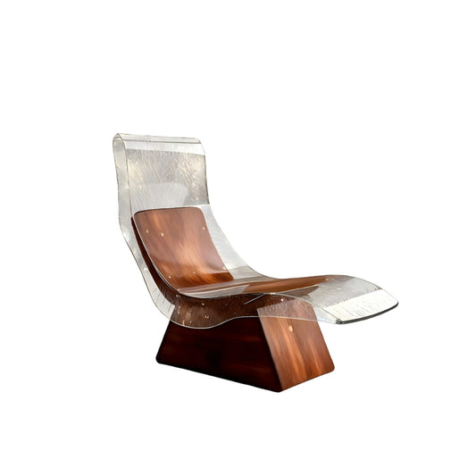 Transparent Resin Chaise Lounge Chair, Sculptural Clear Armless Reclining Accent Chair with Walnut-Tone Wood Panels and Pedestal Base for Living Room, Bedroom, Villa and Lounge