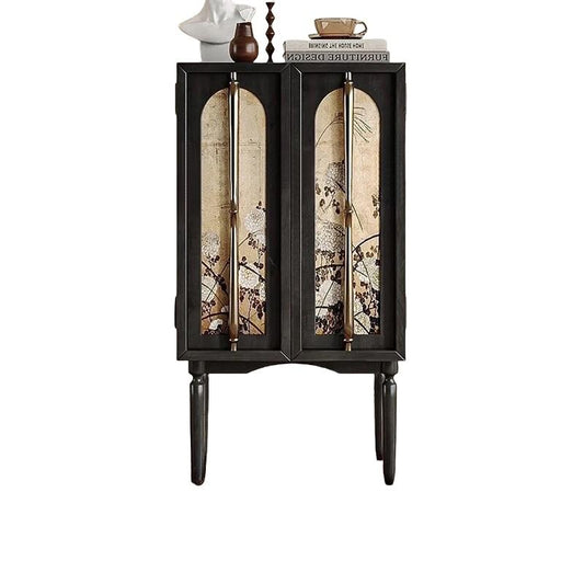 Black Solid Wood 2-Door Accent Cabinet with Hand-Painted Botanical Panels and Brass-Tone Handles, Chinese-Inspired Vintage Storage Cupboard for Entryway, Living Room, Dining Room and Home Bar