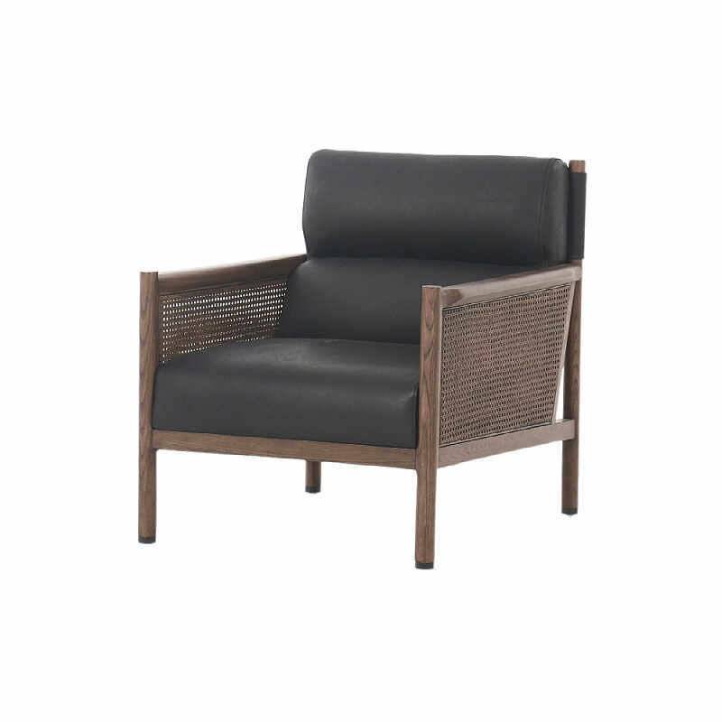 Walnut Wood Cane Accent Chair, Black Upholstered Lounge Armchair with Rattan Woven Side Panels, Modern Asian Inspired Single Sofa Chair for Living Room, Bedroom, Hotel, Reception Area and Reading Nook