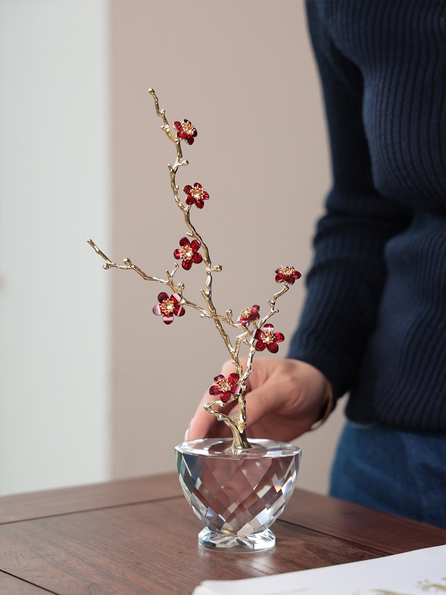 Crystal Plum Blossom Sculpture with Gold Branches, Red Floral Table Decor