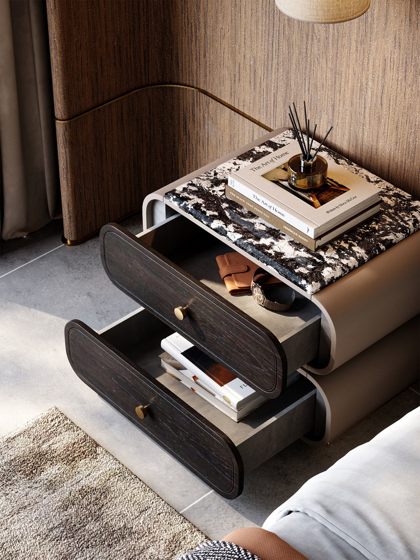 Modern Luxury Nightstand with Natural Stone Top, 2 Drawer Bedside Table in Smoked White Oak Finish, Rounded Bedroom End Table with Bronze Accents for Master Bedroom