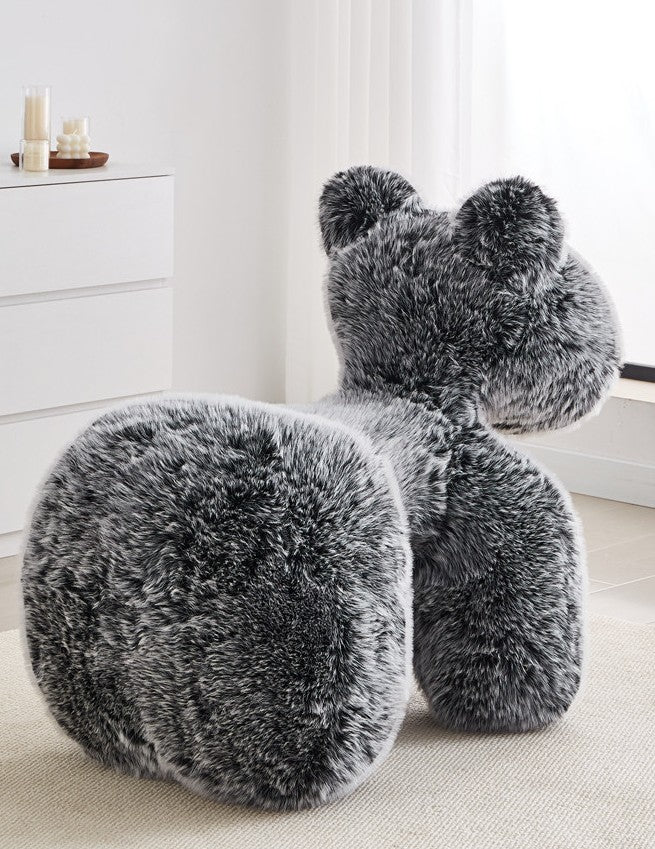 Gray Faux Fur Animal Accent Chair, Sculptural Four-Legged Molded Foam Lounge Seat with Plush Upholstery for Living Room, Bedroom, Reading Nook and Playroom Décor