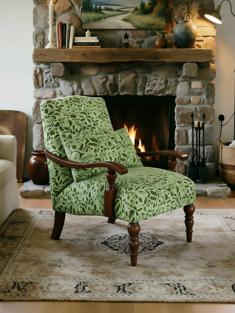 Green Chenille Accent Chair with Solid Wood Frame and Arms