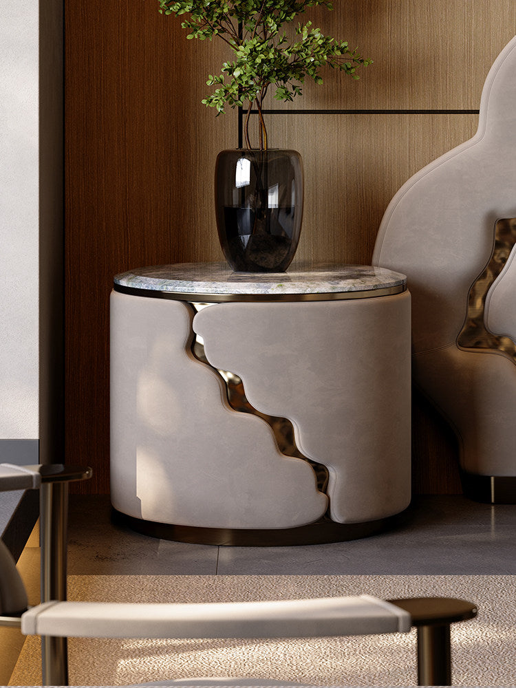 Round Luxury Nightstand with Blue Natural Stone Top, Modern Cylindrical Bedside Table with Matte Upholstered Body and Antique Bronze Accents for Bedroom