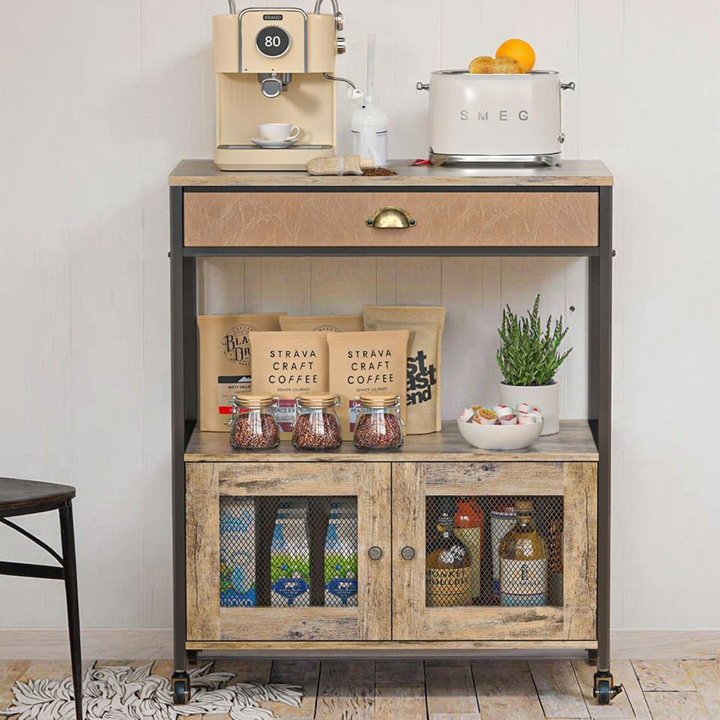 Rustic 3-Tier Rolling Coffee Cart with Drawer and Mesh Door Cabinet