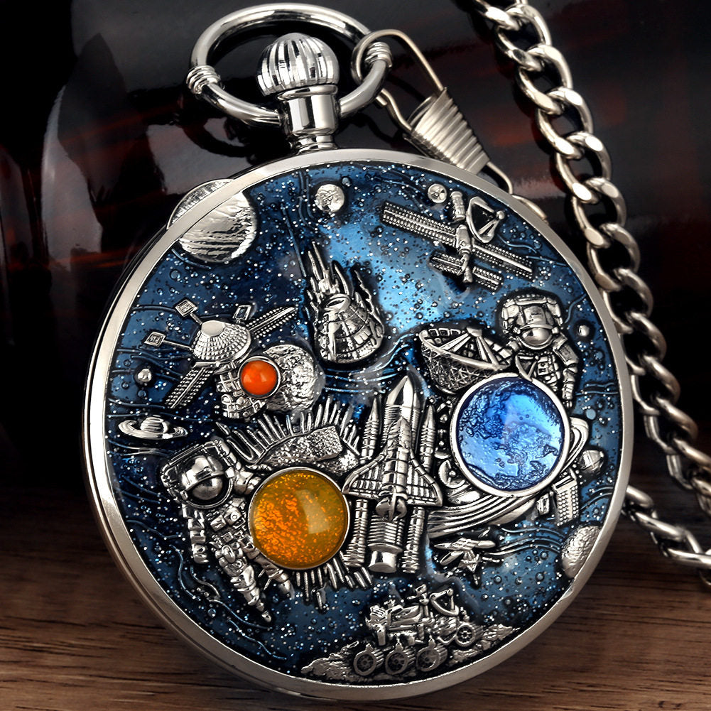 Silver Space Pocket Watch with Music Box, Quartz Pocket Watch with Blue Enamel Astronaut and Space Station Design, Vintage Pendant Watch with Chain for Men, Women, Collectors, Gift