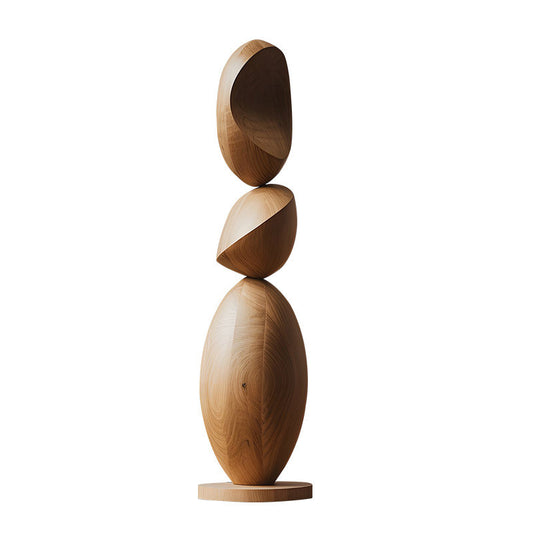 Tall Abstract Wooden Floor Sculpture, Stacked Oval Wood Statue, Modern Organic Decorative Art Accent for Hotel Lobby, Entryway, Living Room, Clubhouse, Villa and Gallery Decor