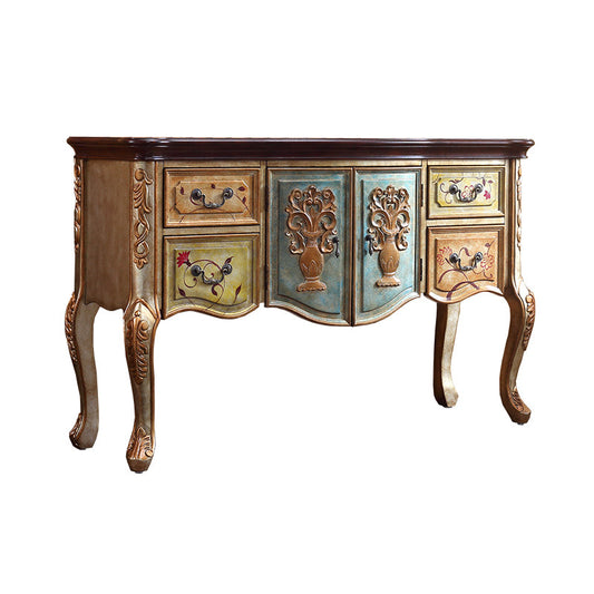 Multicolor Painted Solid Wood Console Cabinet, Mediterranean French Vintage 4-Drawer 2-Door Entryway Sideboard with Carved Cabriole Legs for Foyer, Dining Room, Living Room and Hallway