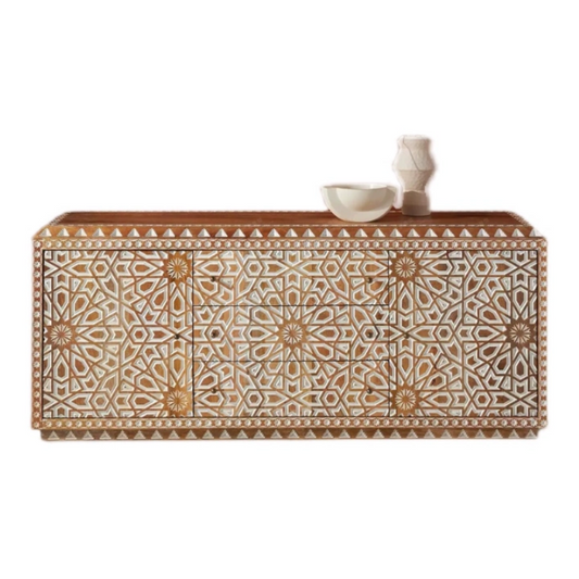 White and Gold Geometric Sideboard Cabinet, Solid Wood Buffet Storage Cabinet, Moroccan Pattern Accent Credenza for Dining Room, Living Room, Entryway, Hallway